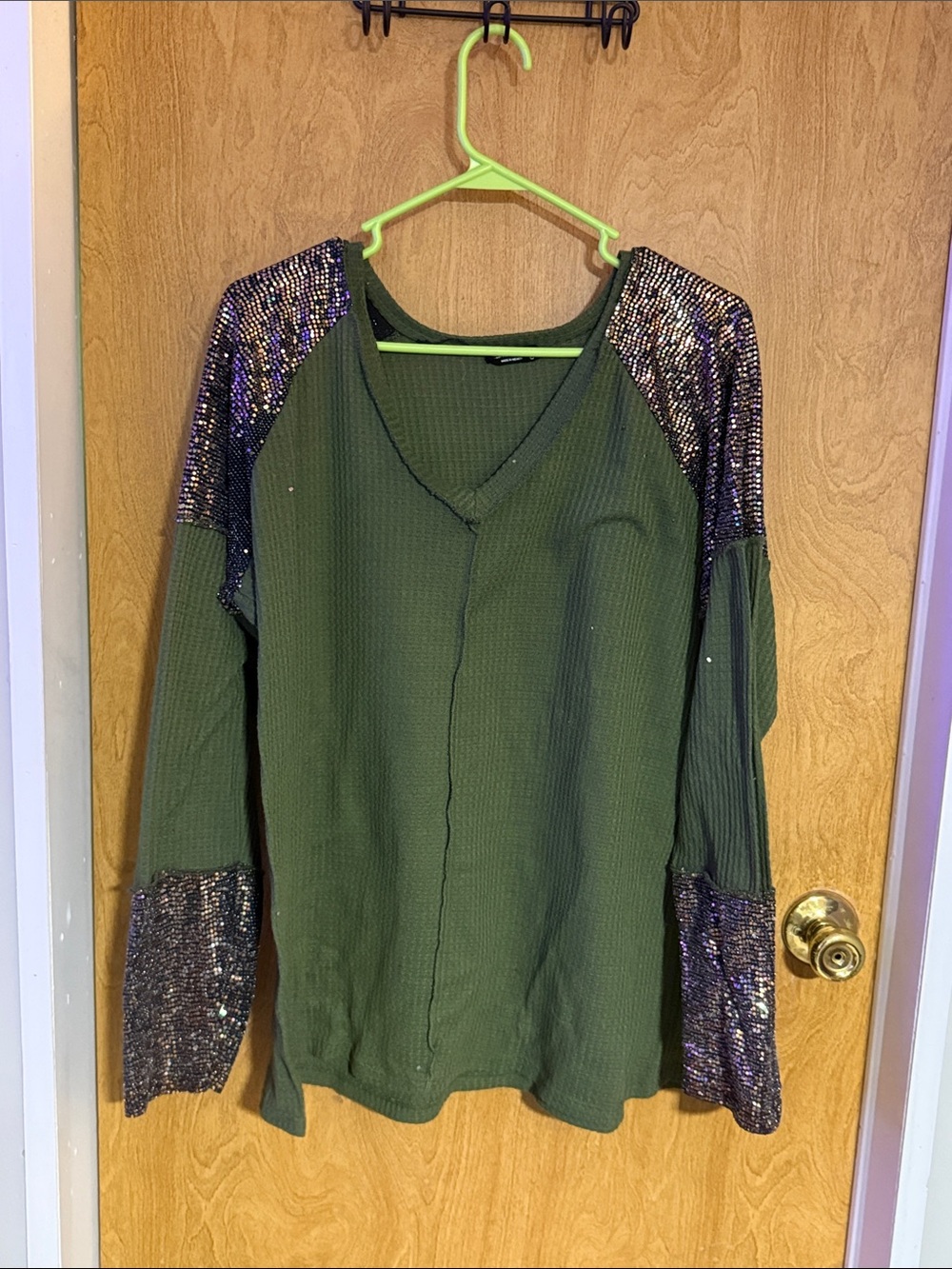 Sequin Detail Olive Green V-Neck Women's Top